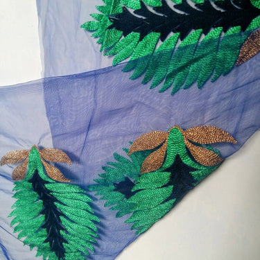 Blue Soft Net Lace Trim With Blue, Green And Gold Embroidered Leaves, Indian Trims